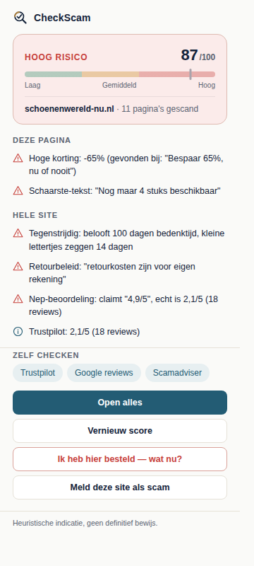 CheckScam toont een risicoscore van 87/100 voor een voorbeeldwebshop, met bevindingen zoals een tegenstrijdig retourbeleid en een nep-reviewbadge.